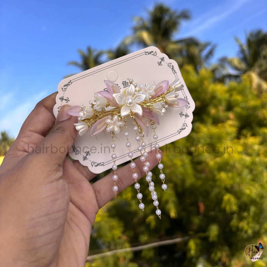 Pearl Lily Blossom Tassel Hair Clip with Dangling Chains