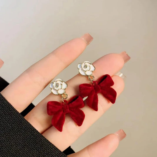 Red Velvet Bow Drop Earrings for Women