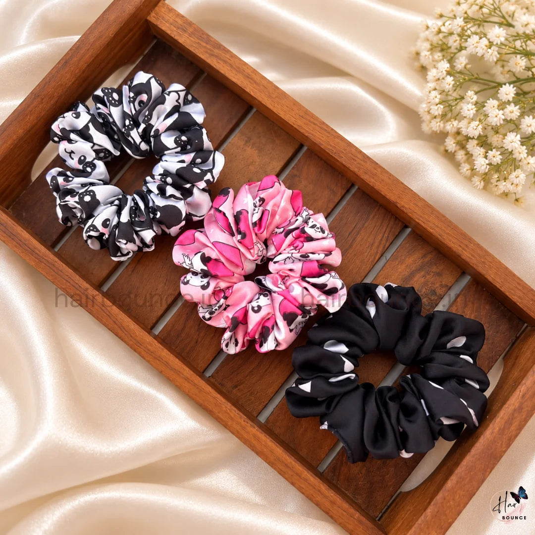 Panda Print Satin Scrunchies – Pack of 3 (Regular)