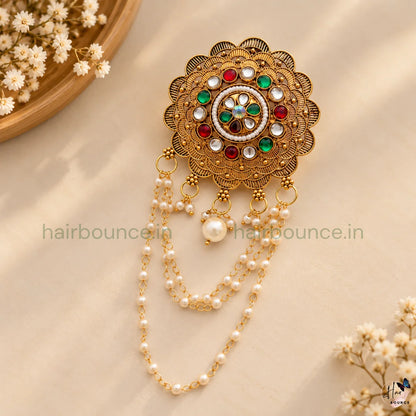 Royal Padma Kemp Stone Jada Billa with Pearl Chain Hangings – Antique Gold