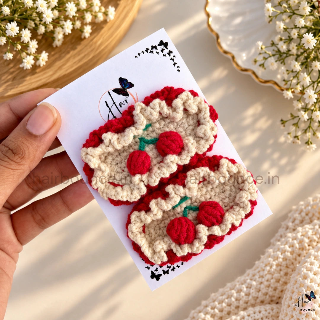 Premium Handmade Crochet Cherry & Floral Tic Tac Hair Clips – Pack of 2