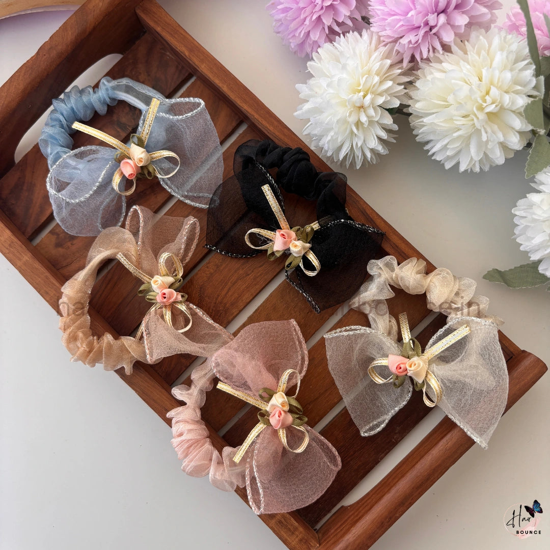 Vintage Rose Ribbon Organza Bow Scrunchie