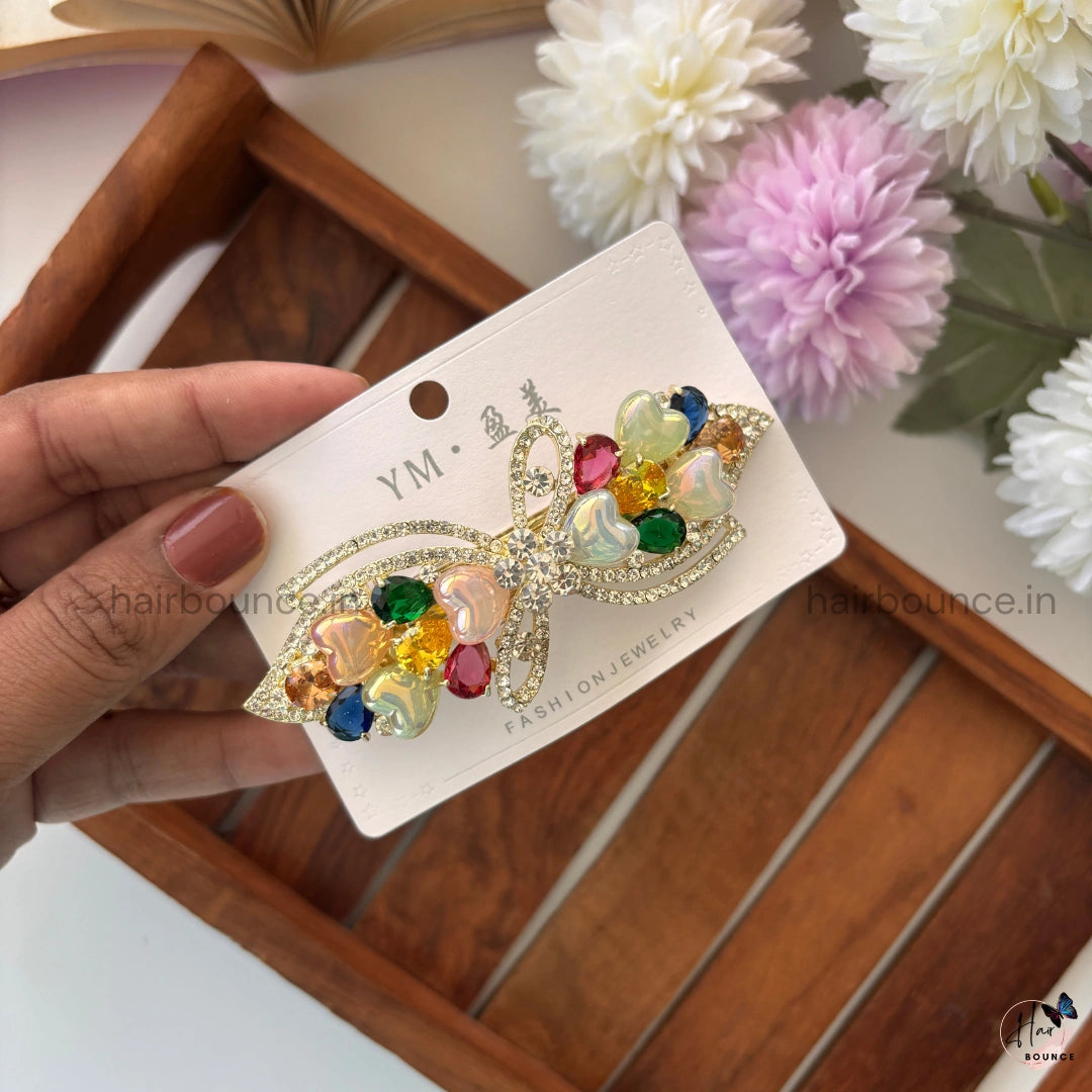 Heart Petal Bow Crystal Bar Clip