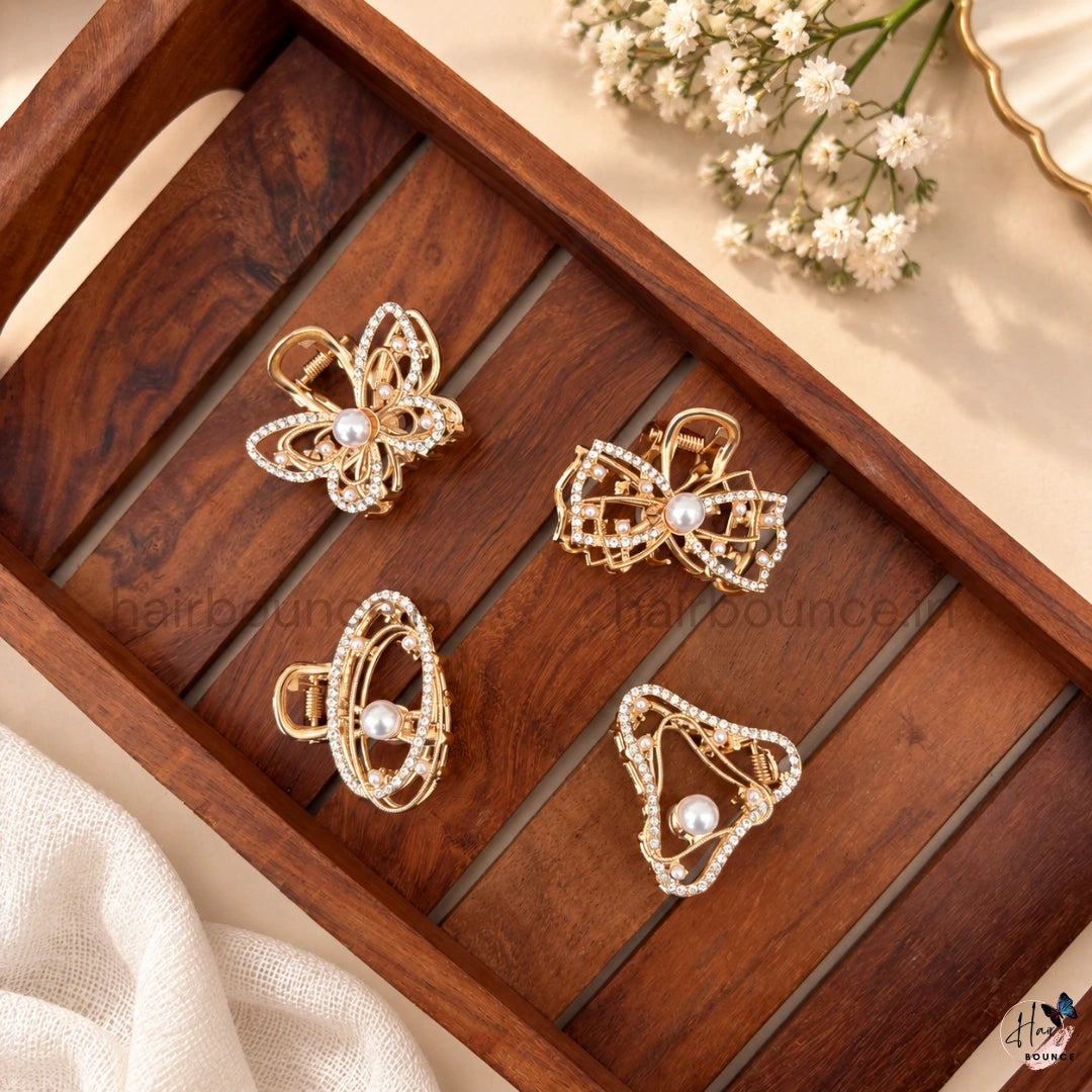 Golden Pearl & Crystal Designer Hair Claw Clips – Medium – Pack of 4