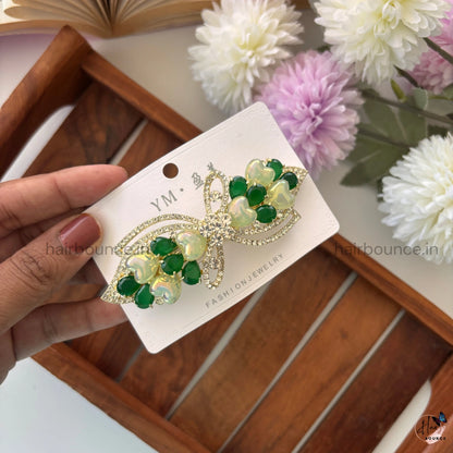 Heart Petal Bow Crystal Bar Clip