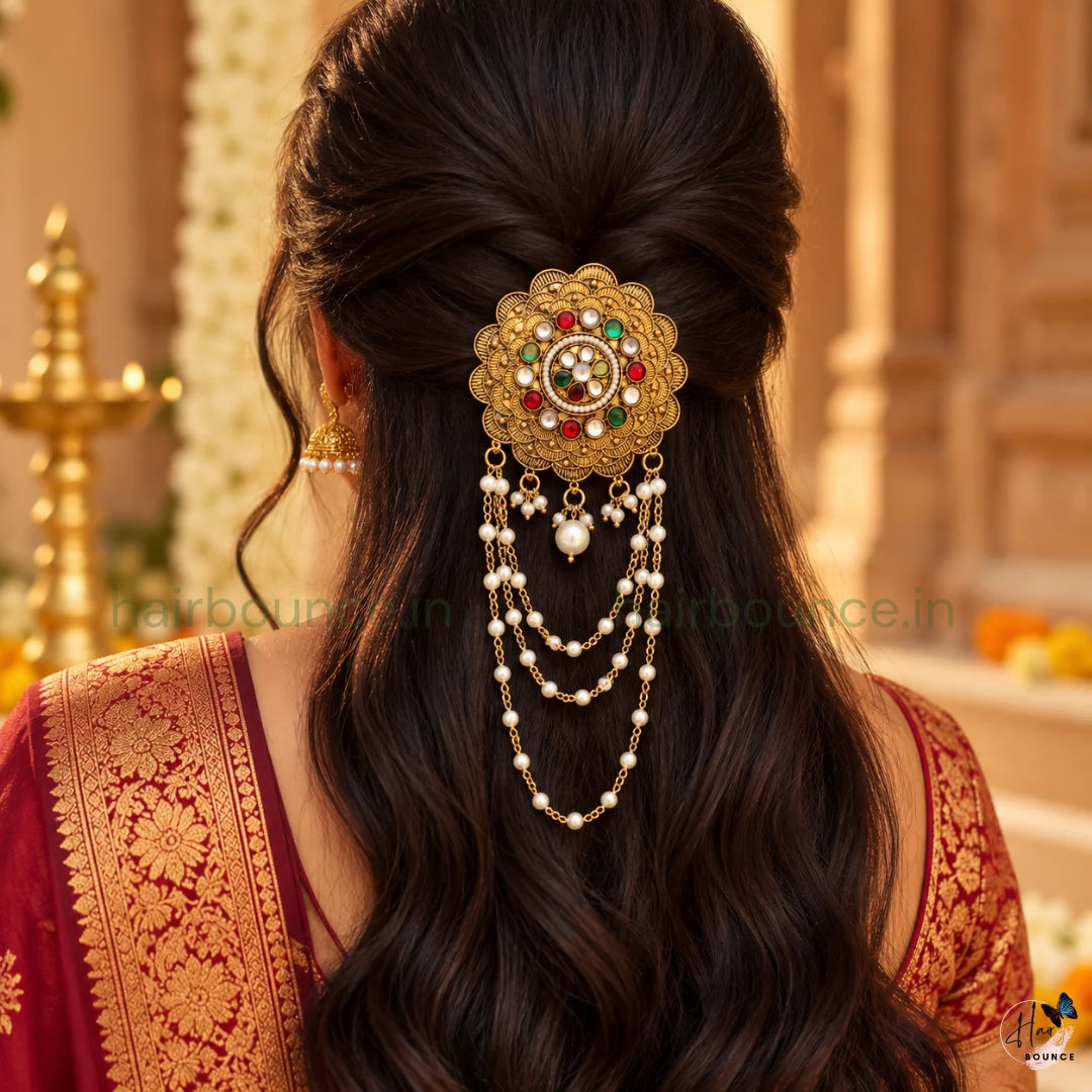 Royal Padma Kemp Stone Jada Billa with Pearl Chain Hangings – Antique Gold