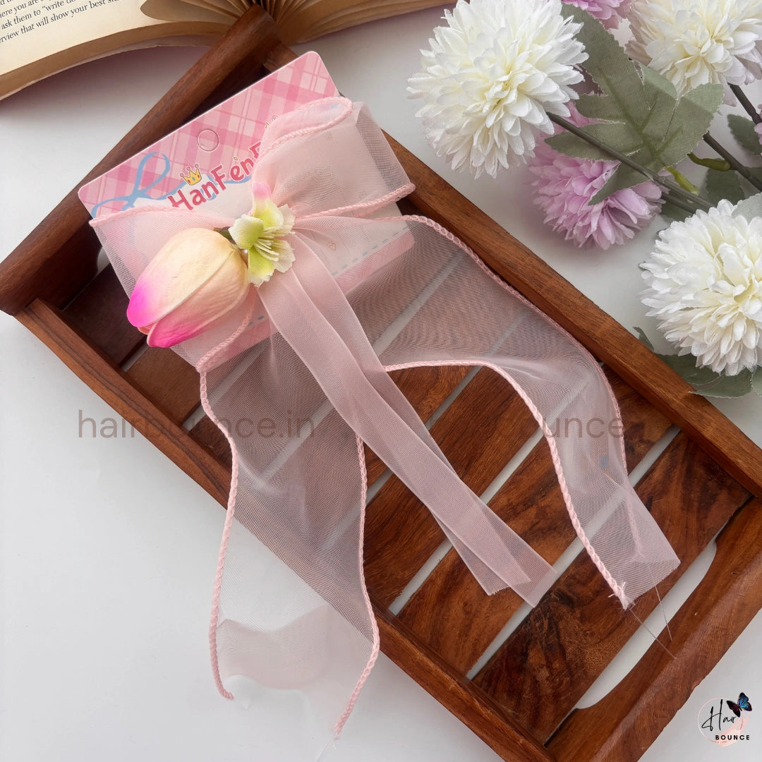 Bloom Veil Floral Hair Bow Clip – Elegant Mesh Ribbon Hair Bow for Women & Girls