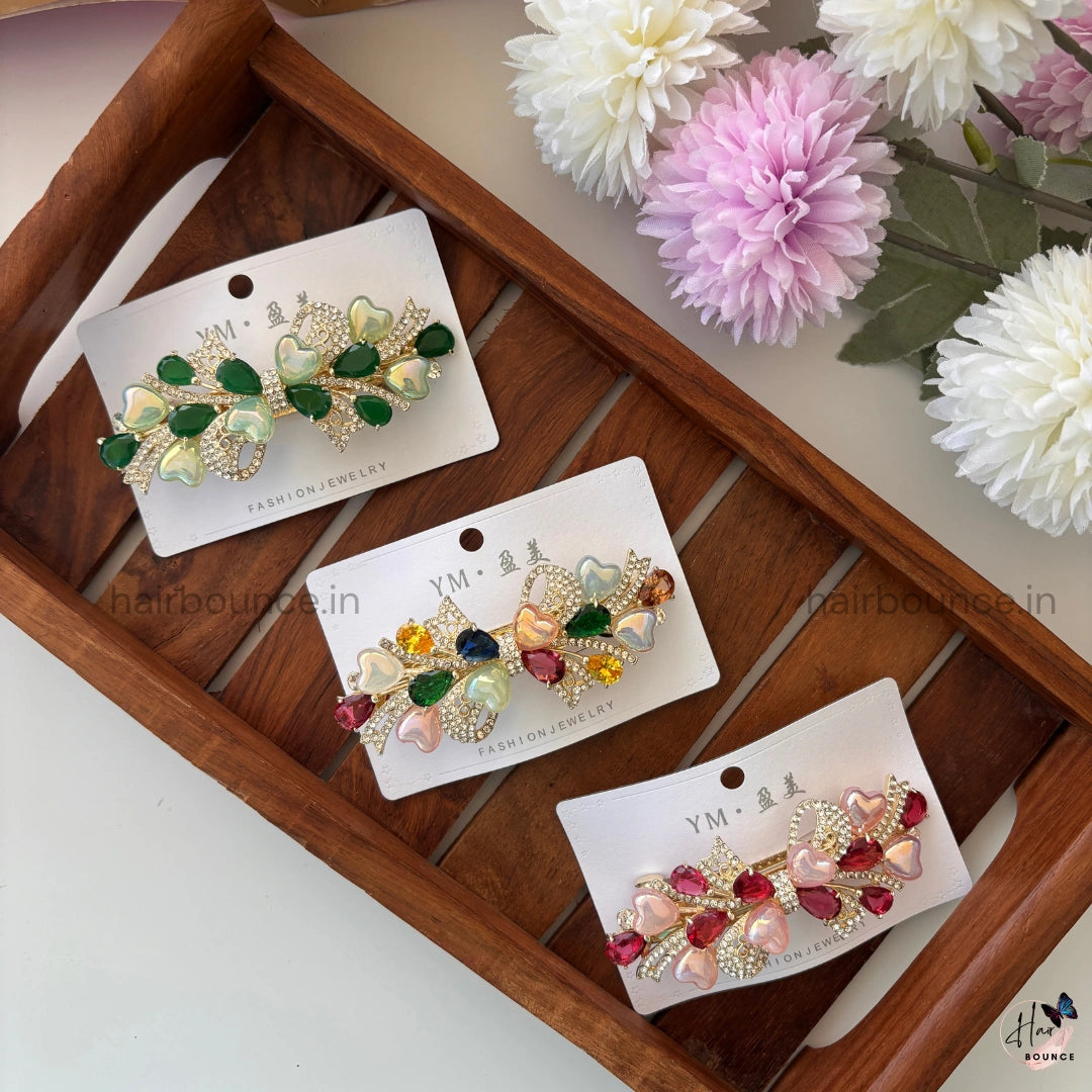 Garden Heart Bloom Crystal Bar Clip
