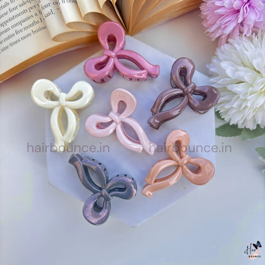 Bow Hair Claw Clips – Cute Glossy Ribbon Clutch Clips for Women & Girls / Small
