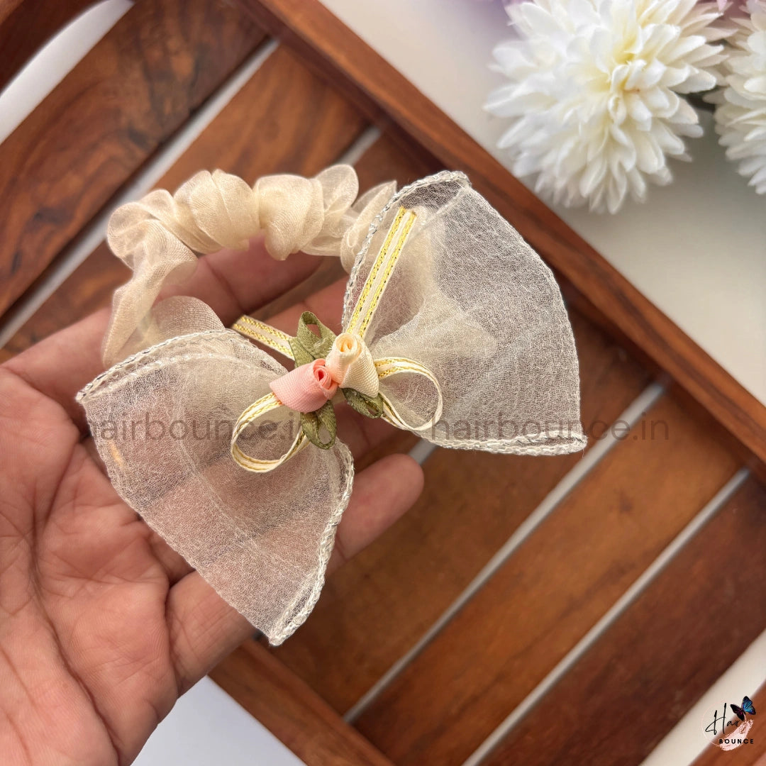 Vintage Rose Ribbon Organza Bow Scrunchie
