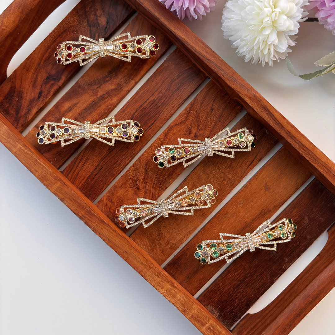 Multicolor Stone Bow Hair Clip – Assorted Shades