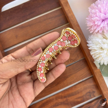 Floral Pearl Curved Hair Claw – Luxury Rose Embellished Banana Hair Clip