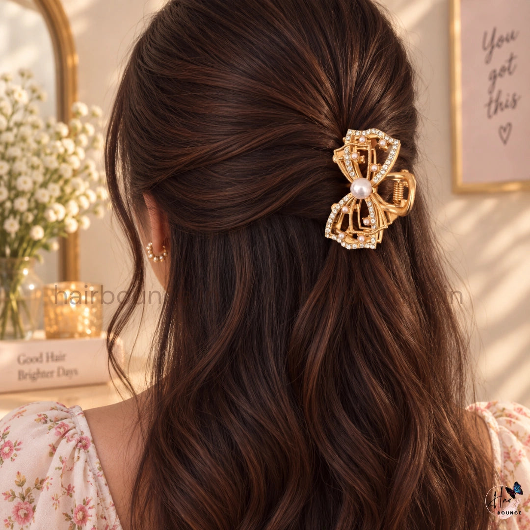 Golden Pearl & Crystal Designer Hair Claw Clips – Medium – Pack of 4