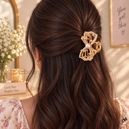 Golden Pearl & Crystal Designer Hair Claw Clips – Medium – Pack of 4