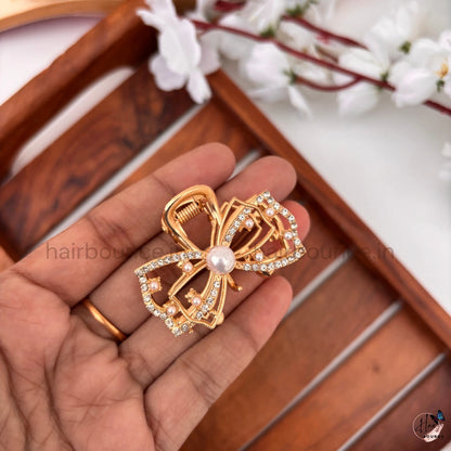 Golden Pearl & Crystal Designer Hair Claw Clips – Medium – Pack of 4