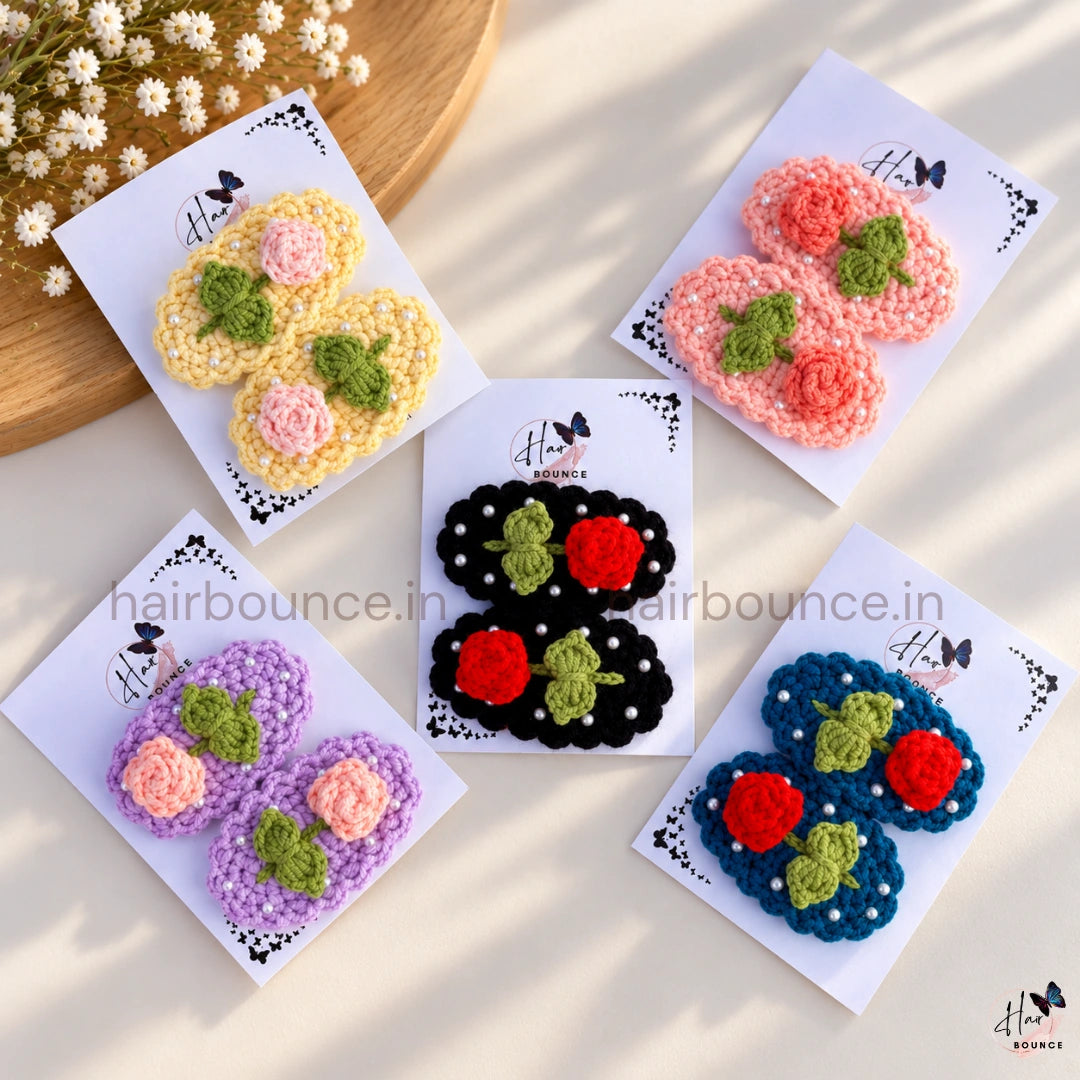 Premium Handmade Crochet Rose & Pearl Tic Tac Hair Clips – Pack of 2