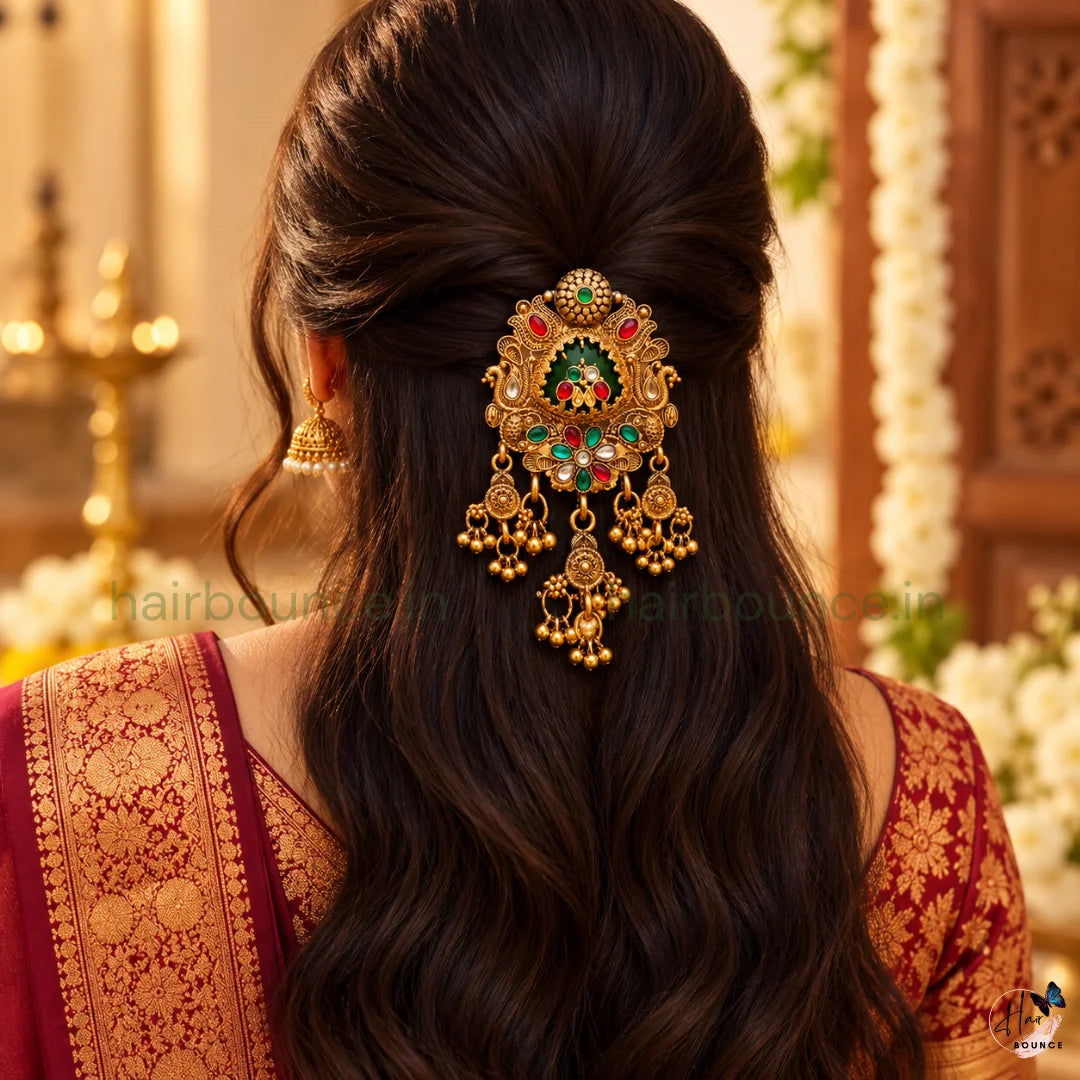Royal Mayuri Peacock Kemp Jada Billa with Gold Bead Hangings – 2 Styles