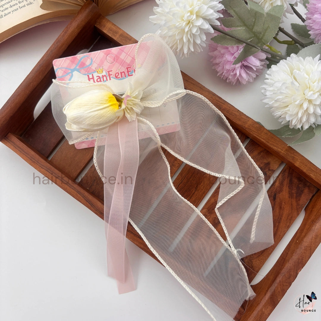 Bloom Veil Floral Hair Bow Clip – Elegant Mesh Ribbon Hair Bow for Women & Girls