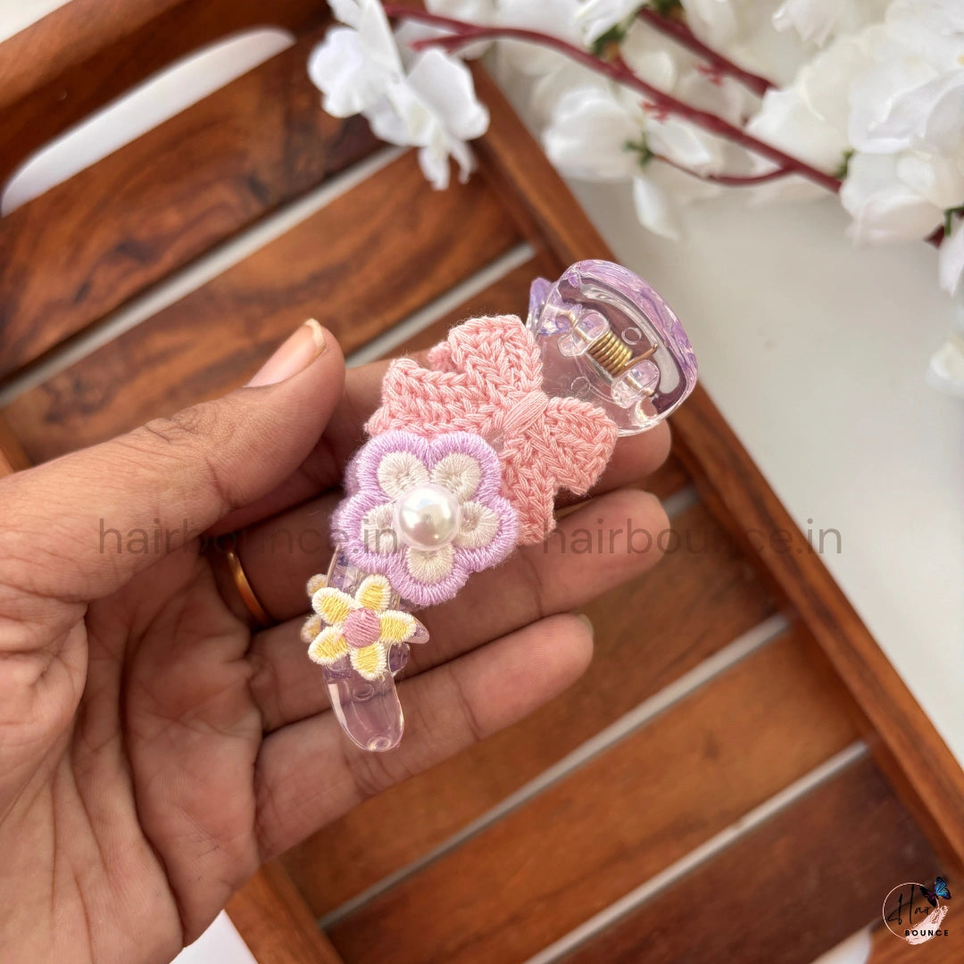 Crochet Floral Bow Banana Clip – Medium