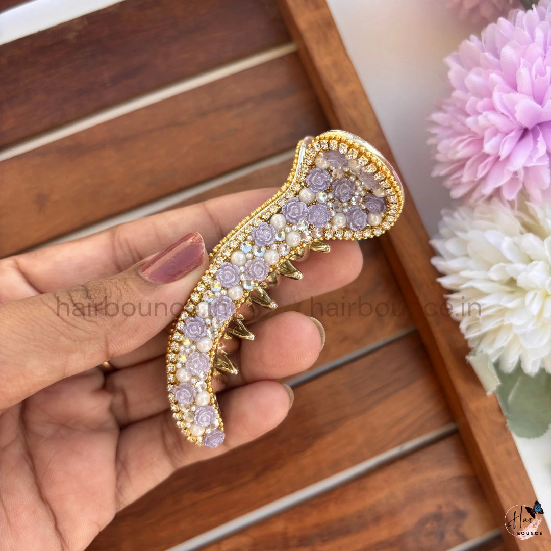 Floral Pearl Curved Hair Claw – Luxury Rose Embellished Banana Hair Clip