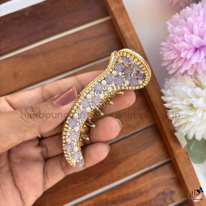 Floral Pearl Curved Hair Claw – Luxury Rose Embellished Banana Hair Clip