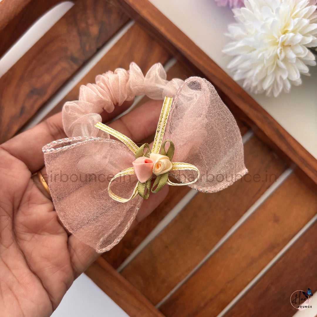 Vintage Rose Ribbon Organza Bow Scrunchie