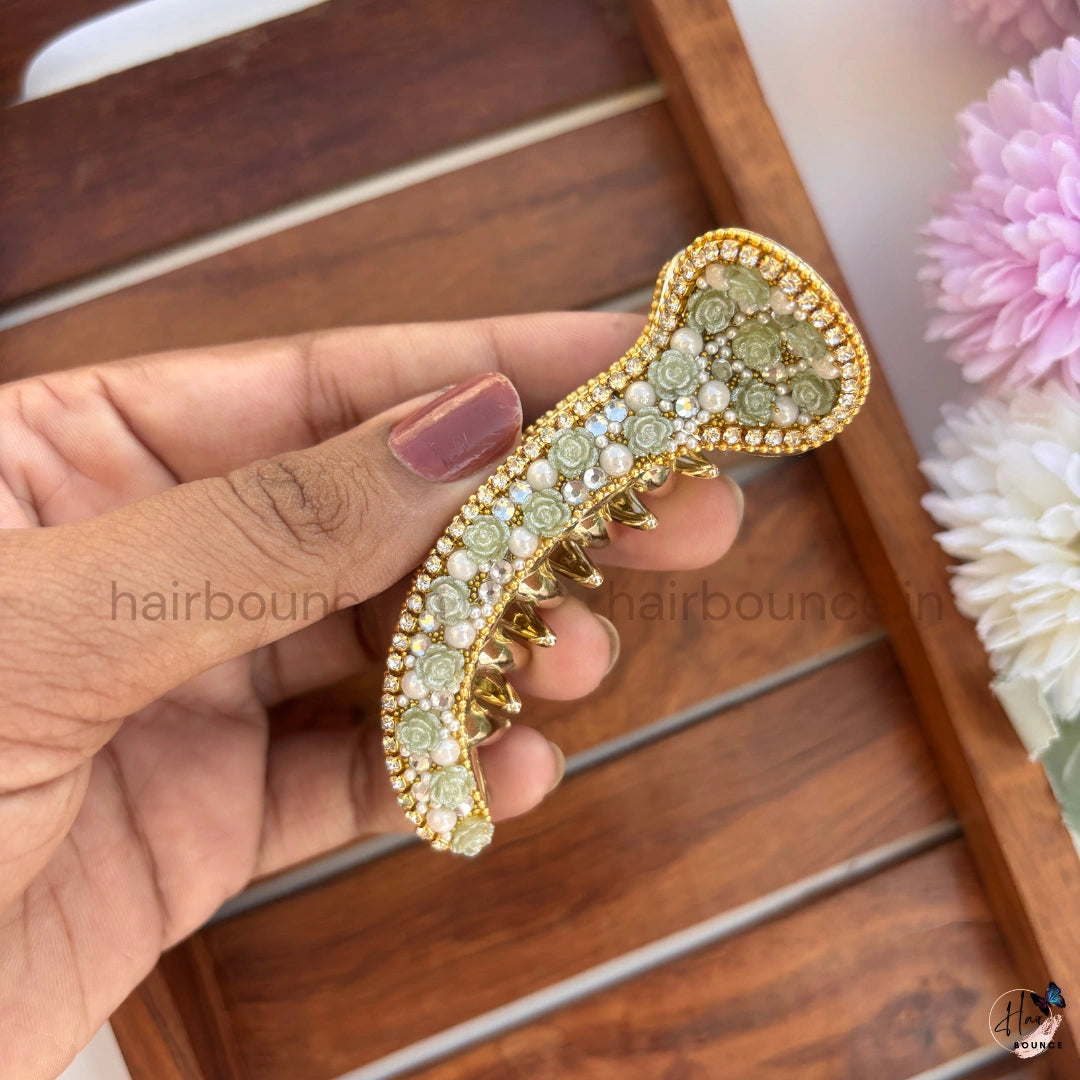 Floral Pearl Curved Hair Claw – Luxury Rose Embellished Banana Hair Clip