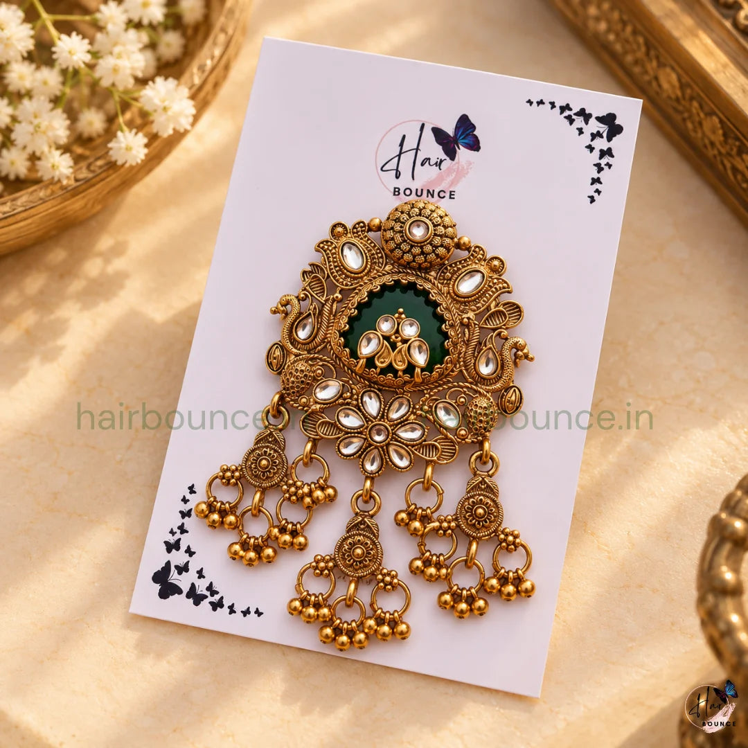 Royal Mayuri Peacock Kemp Jada Billa with Gold Bead Hangings – 2 Styles