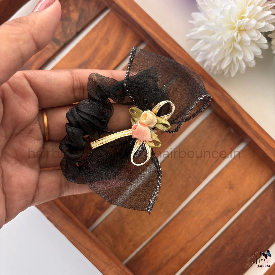 Vintage Rose Ribbon Organza Bow Scrunchie