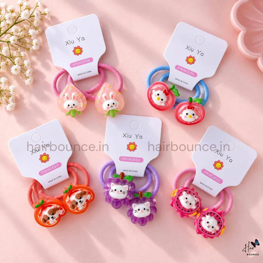 Cute Fruit & Animal Charm Ponytail Rubber Bands for Girls – Pack of 2