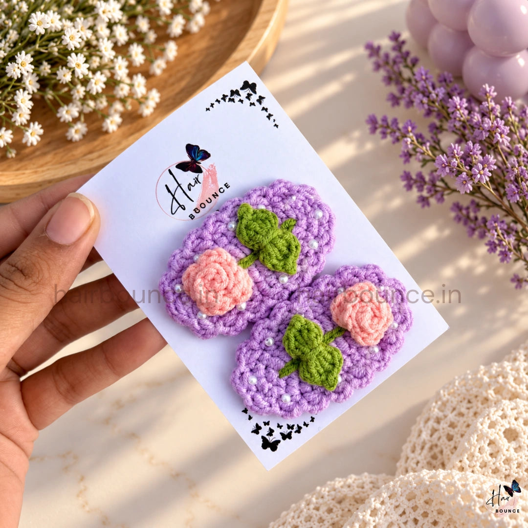 Premium Handmade Crochet Rose & Pearl Tic Tac Hair Clips – Pack of 2