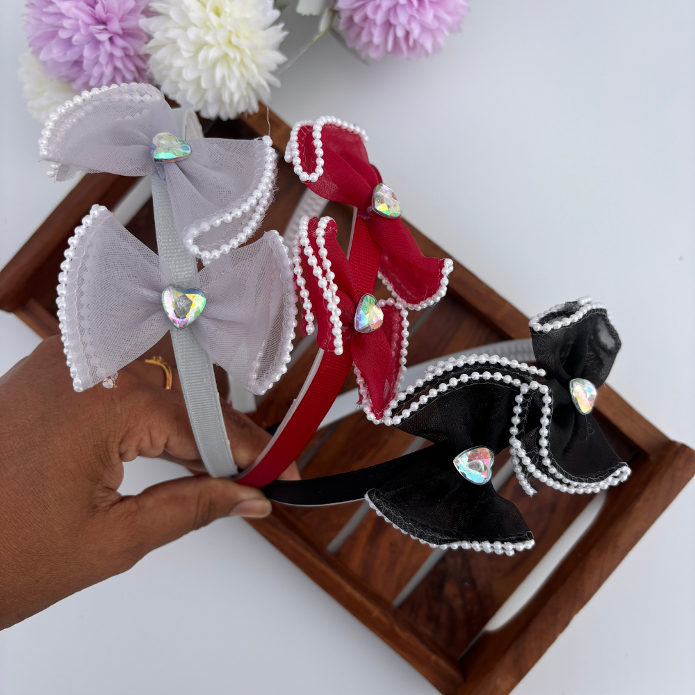 Pearl Trim Heart Bow Headband