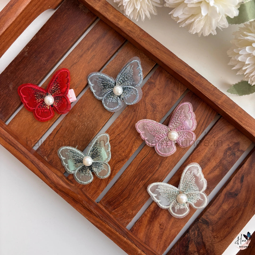 Elegant Embroidered Butterfly Hair Clip with Pearl