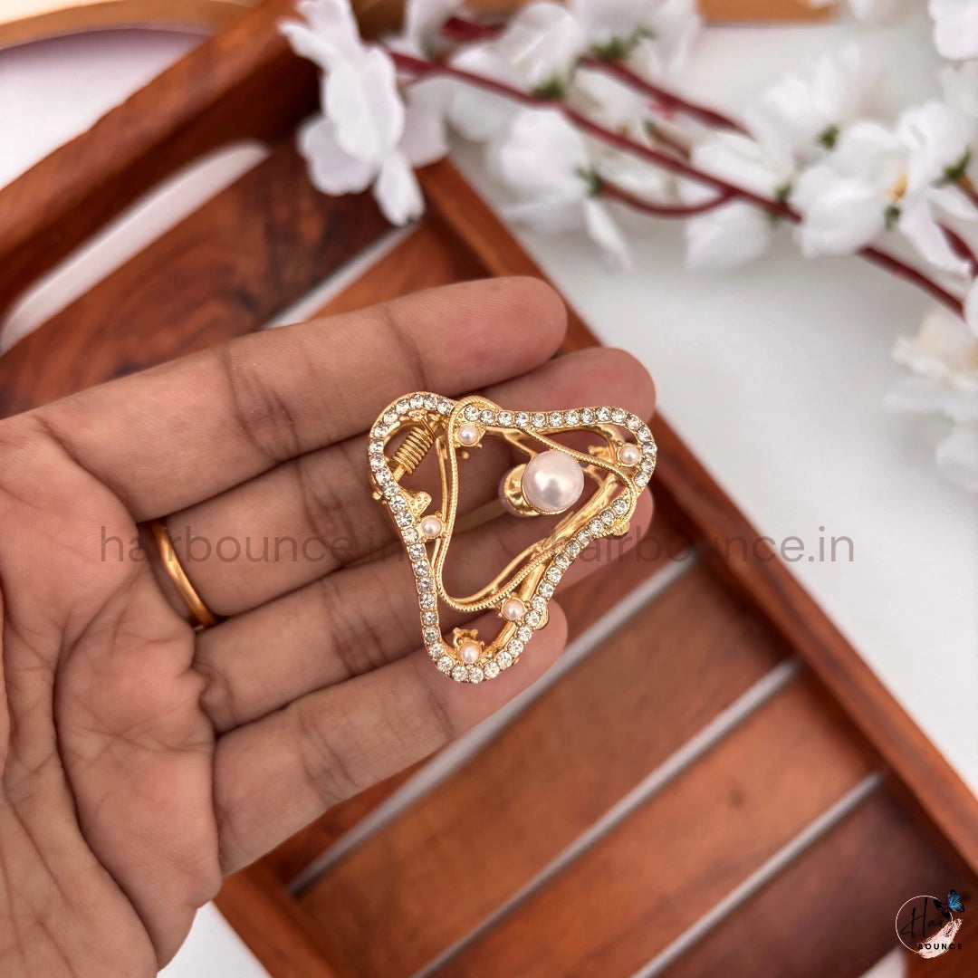 Golden Pearl & Crystal Designer Hair Claw Clips – Medium – Pack of 4