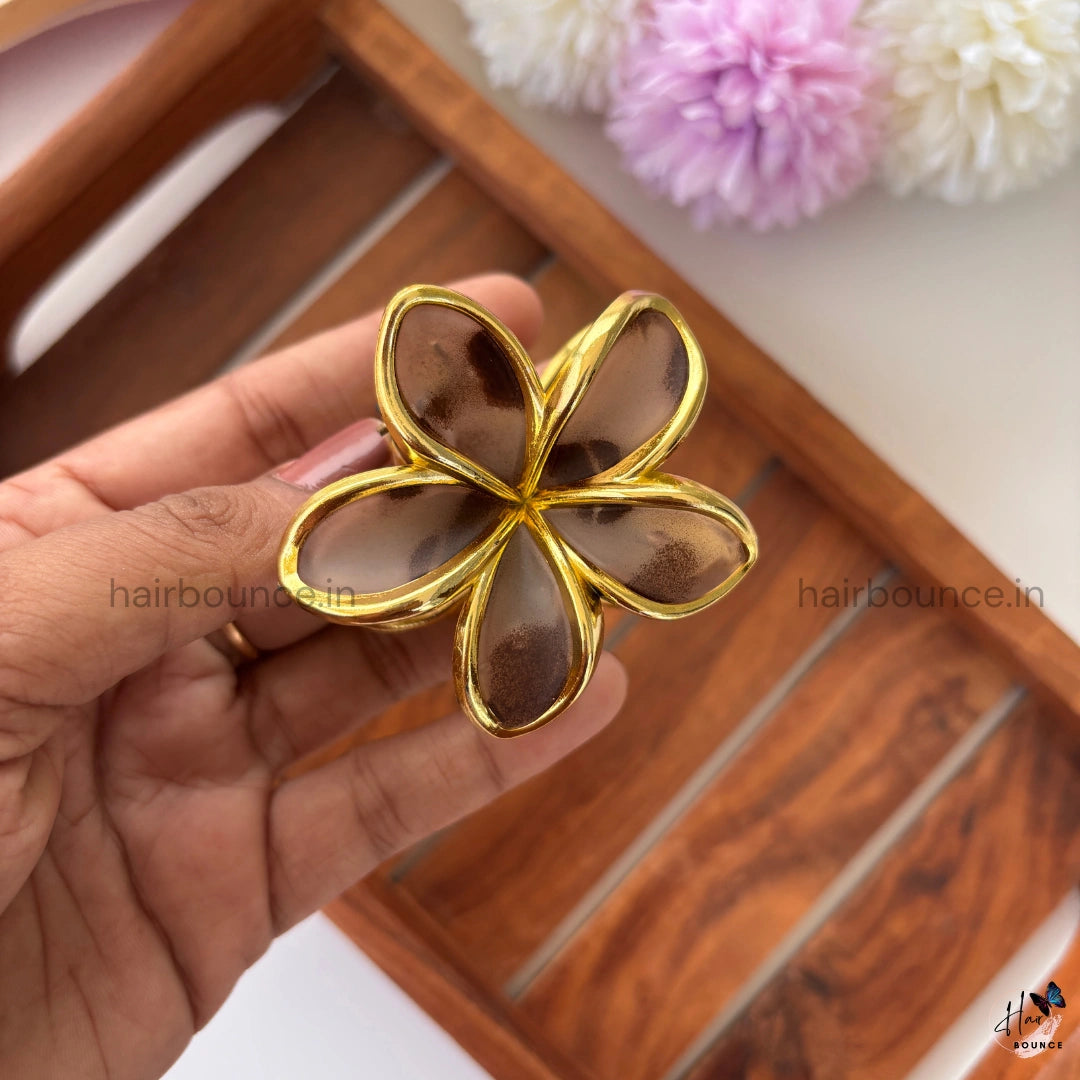 Glossy Petal Gold-Trim Flower Hair Claw – Medium