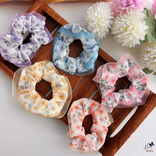 Floral Sheer Edge Scrunchie Hair Tie