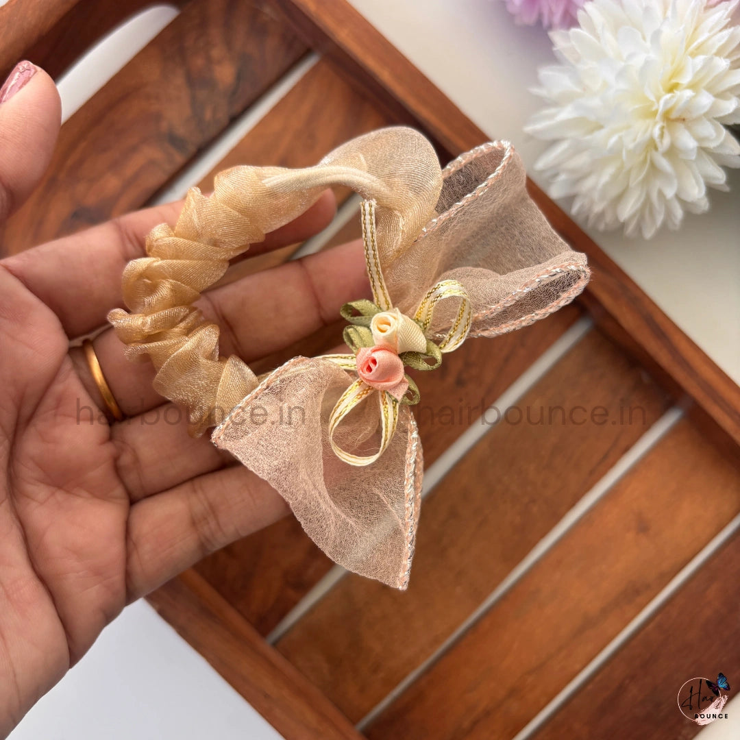 Vintage Rose Ribbon Organza Bow Scrunchie