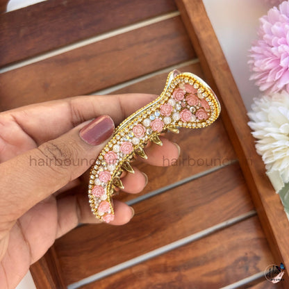 Floral Pearl Curved Hair Claw – Luxury Rose Embellished Banana Hair Clip