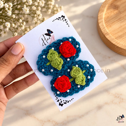 Premium Handmade Crochet Rose & Pearl Tic Tac Hair Clips – Pack of 2
