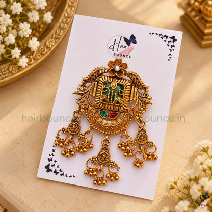 Royal Heritage Peacock Temple Jada Billa with Gold Bead Hangings – Antique Gold