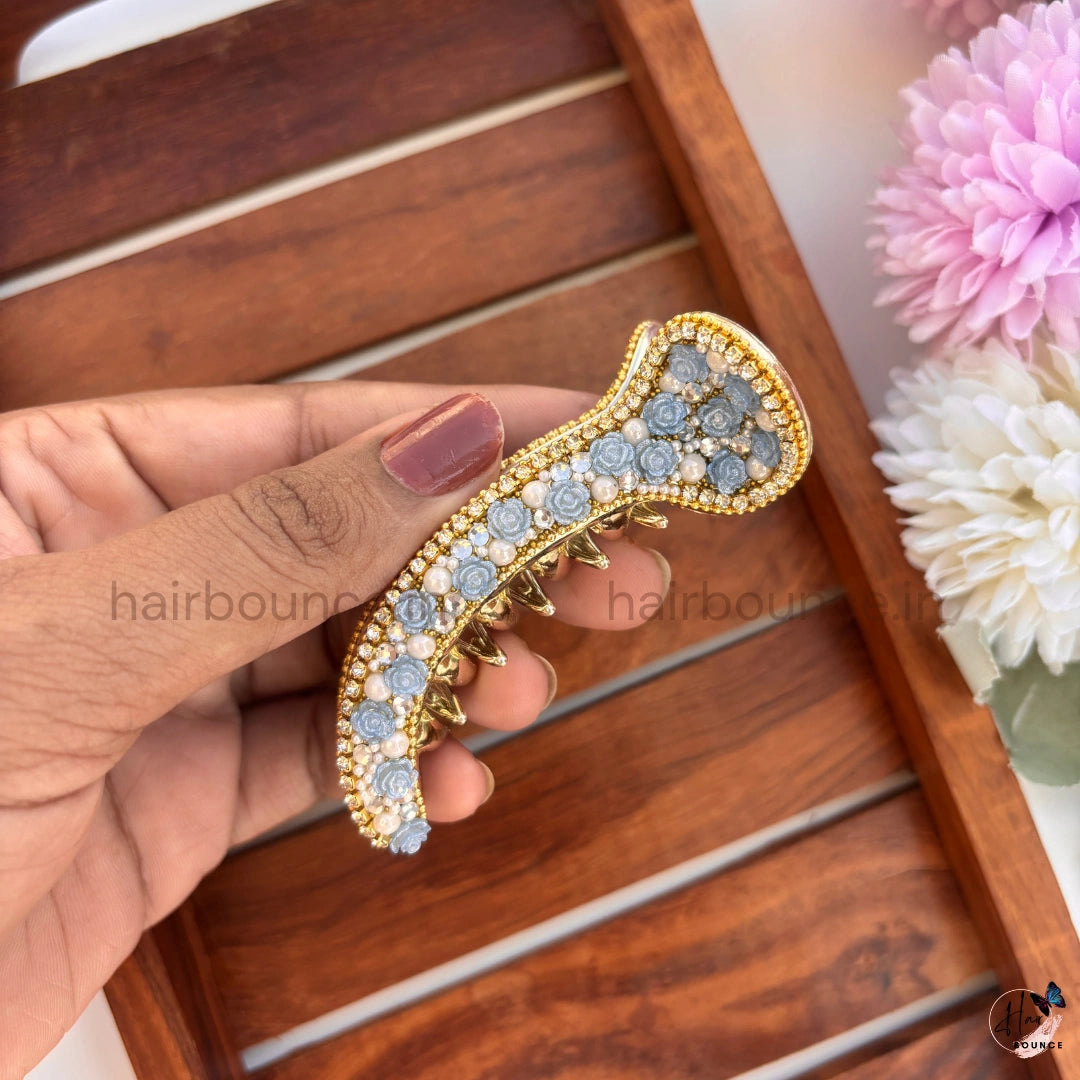 Floral Pearl Curved Hair Claw – Luxury Rose Embellished Banana Hair Clip