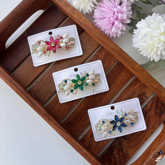Floral Crystal Hair Barrette – Pearl & Rhinestone Designer Clip