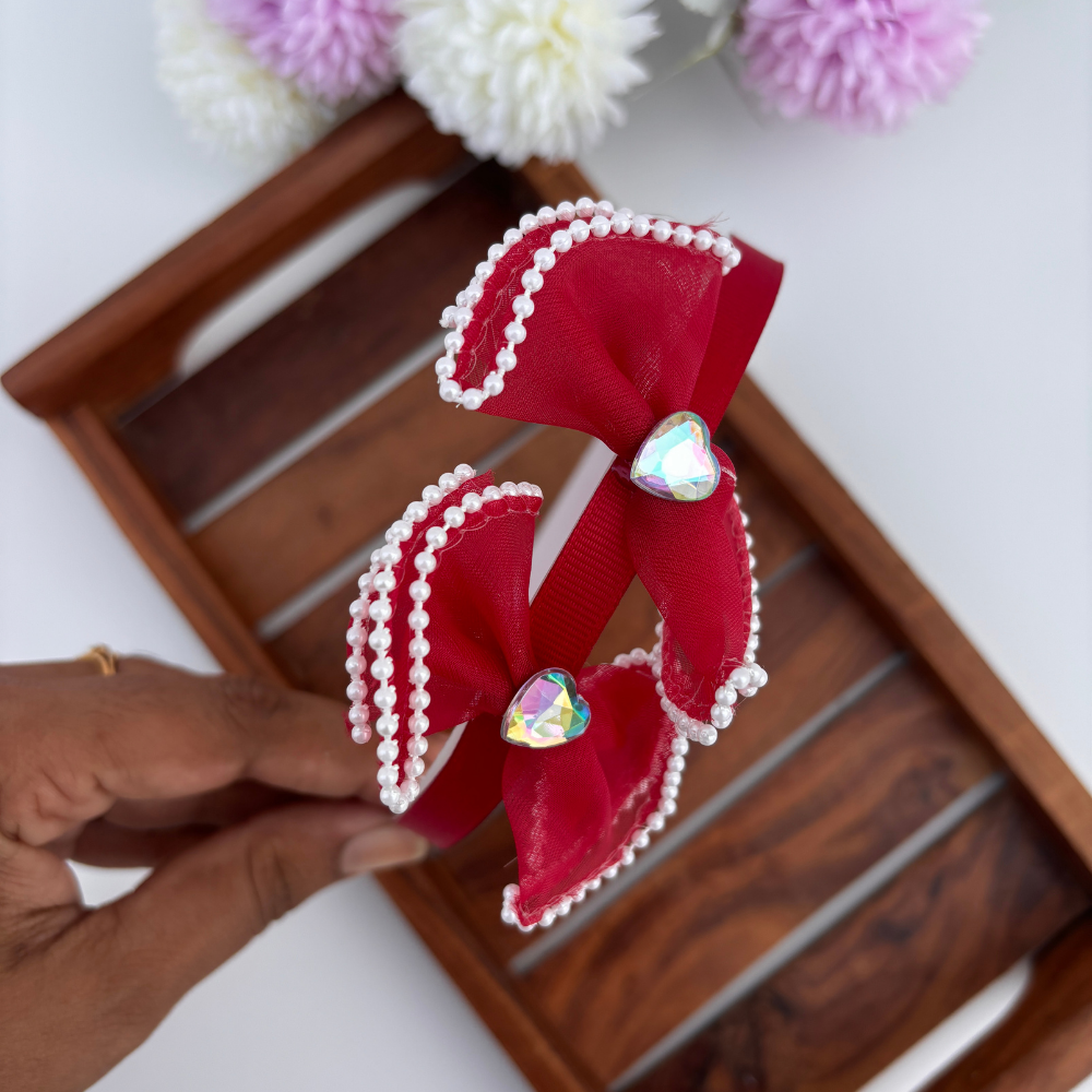Pearl Trim Heart Bow Headband