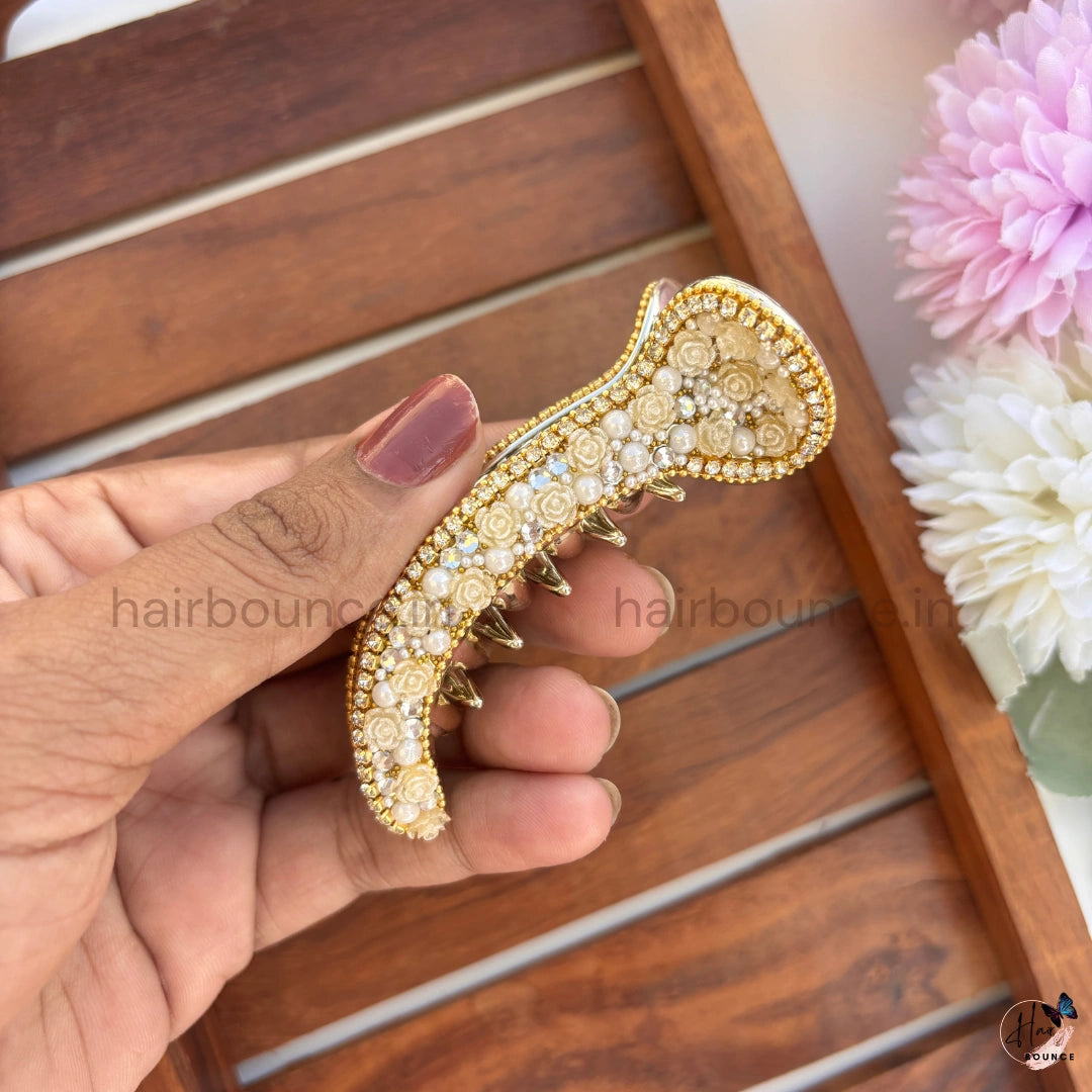Floral Pearl Curved Hair Claw – Luxury Rose Embellished Banana Hair Clip
