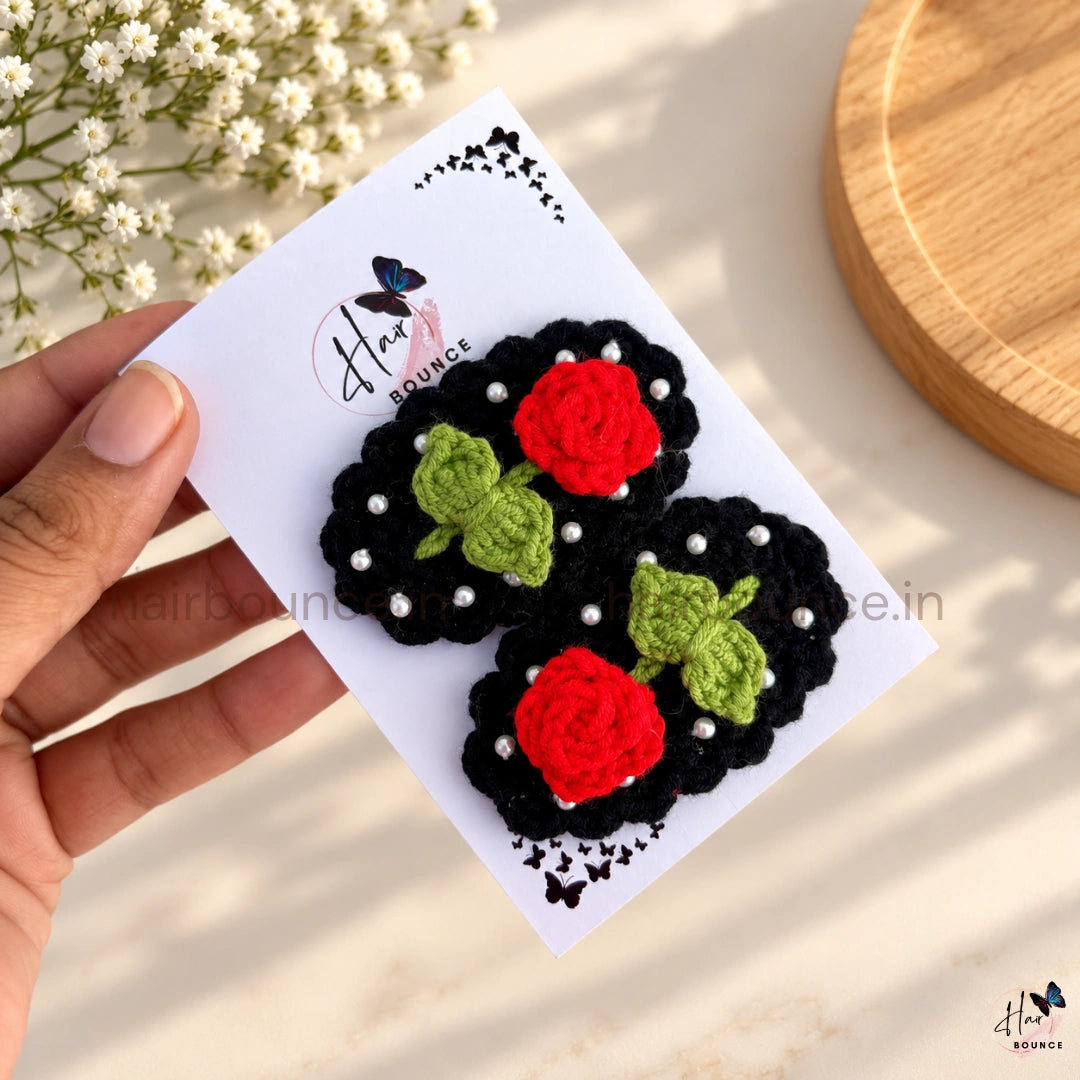 Premium Handmade Crochet Rose & Pearl Tic Tac Hair Clips – Pack of 2