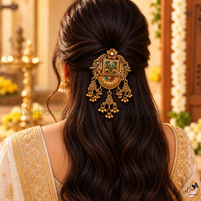 Royal Heritage Peacock Temple Jada Billa with Gold Bead Hangings – Antique Gold
