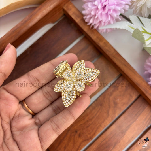 Royal Crystal Pearl Flower Hair Claw - Medium