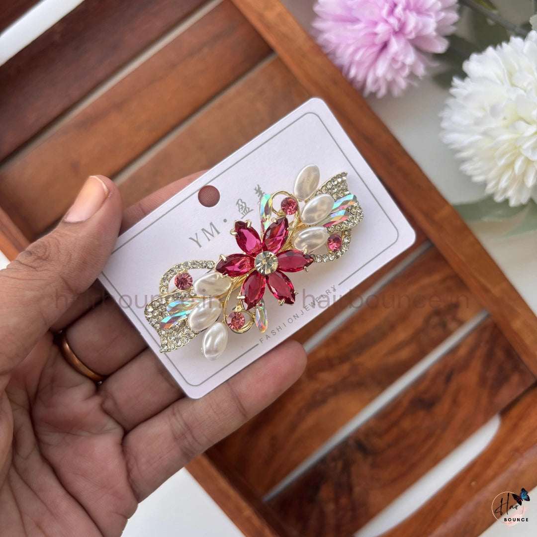 Floral Crystal Hair Barrette – Pearl & Rhinestone Designer Clip