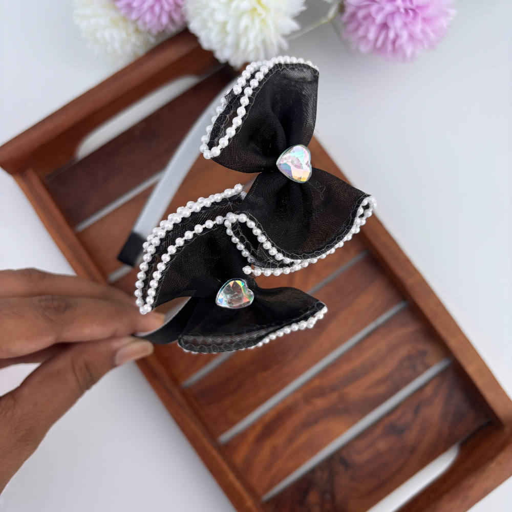 Pearl Trim Heart Bow Headband