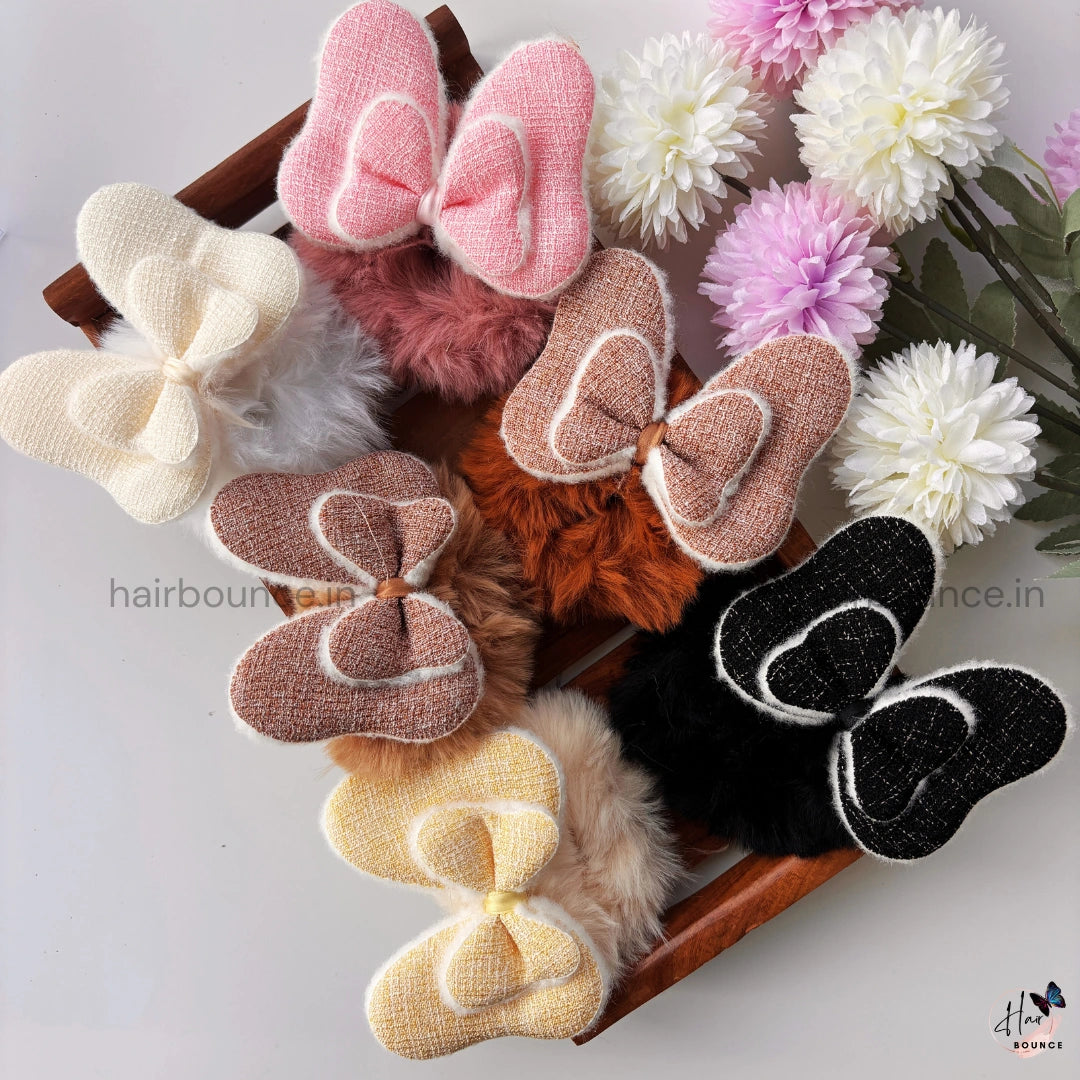 Furry Bow Hair Scrunchie – Soft Plush Fabric | Winter Chic